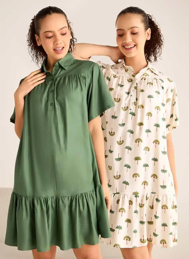 سبلاش فيڤ Set of 2 - Assorted Night Dress with Collar and Short Sleeves