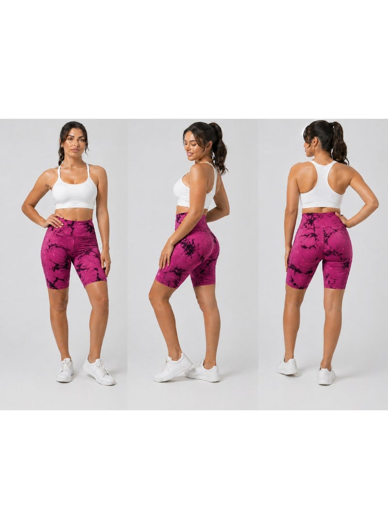 Women’s High-Waisted Marble Biker Shorts – Stretchy Gym & Yoga Leggings, Tummy Control, Above Knee Length, Soft Breathable Activewear
