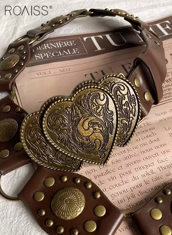 رويس حزام نسائي من الجلد الصناعي بتصميم كلاسيكي مستوحى من موضة الألفية الجديدة، حزام خصر عريض بإبزيم معدني على شكل قلب، لون بني، إكسسوار أنيق وعصري مناسب للإطلالات اليومية والتنقلات - Image 3