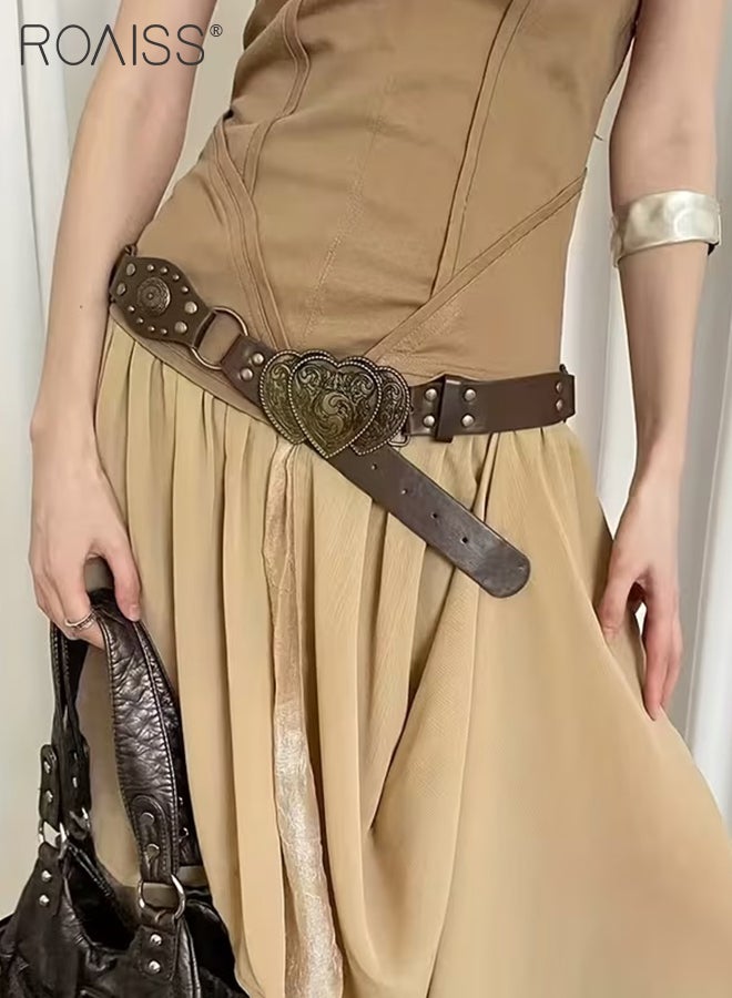 رويس حزام نسائي من الجلد الصناعي بتصميم كلاسيكي مستوحى من موضة الألفية الجديدة، حزام خصر عريض بإبزيم معدني على شكل قلب، لون بني، إكسسوار أنيق وعصري مناسب للإطلالات اليومية والتنقلات - Image 5