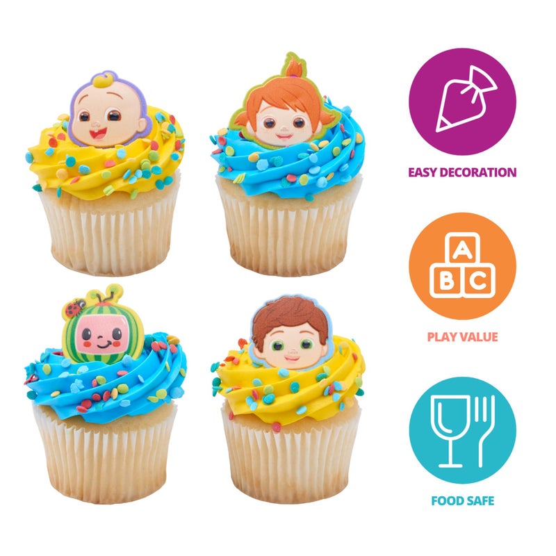 ديكوباك Cocomelon Playtime Rings | 24 Cupcake Toppers يضم JJ Yoyo & Tomtom | Decopac Cocomelon Cake Decorations طعام آمن وجاهز للاستخدام - 24 حزمة - Image 2
