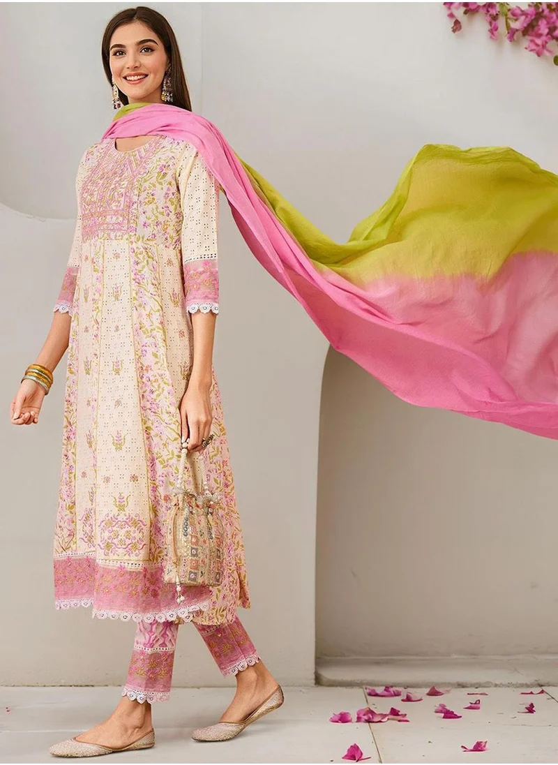 آي شين Women's Off White 100% Cotton Embellished Tunic Full Length Casual Straight Fit Kurta Set