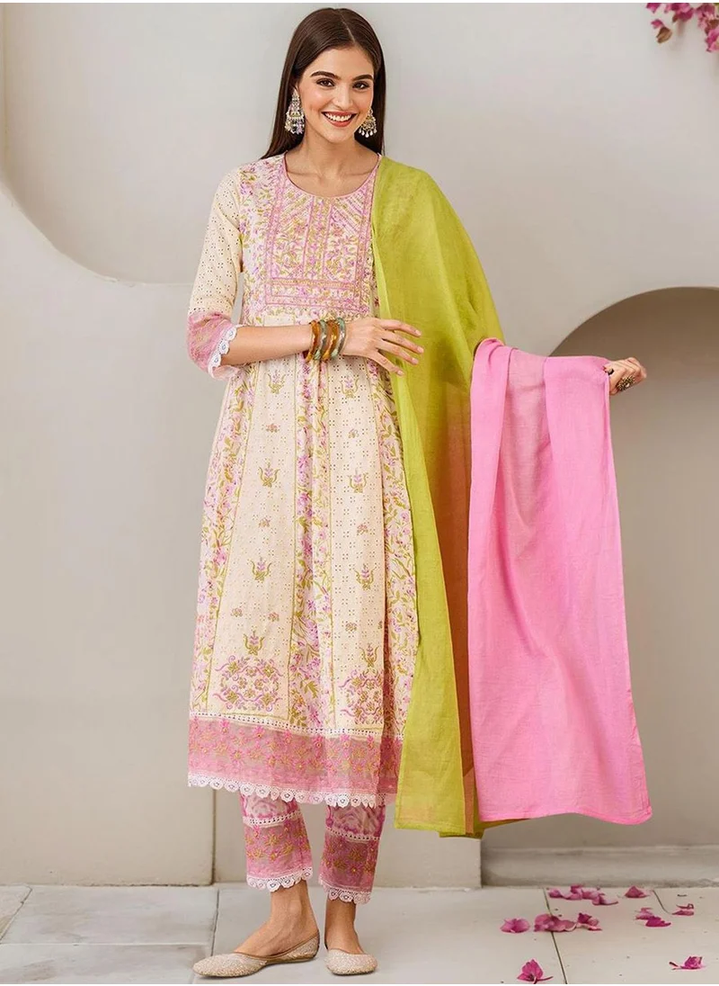 آي شين Women's Off White 100% Cotton Embellished Tunic Full Length Casual Straight Fit Kurta Set