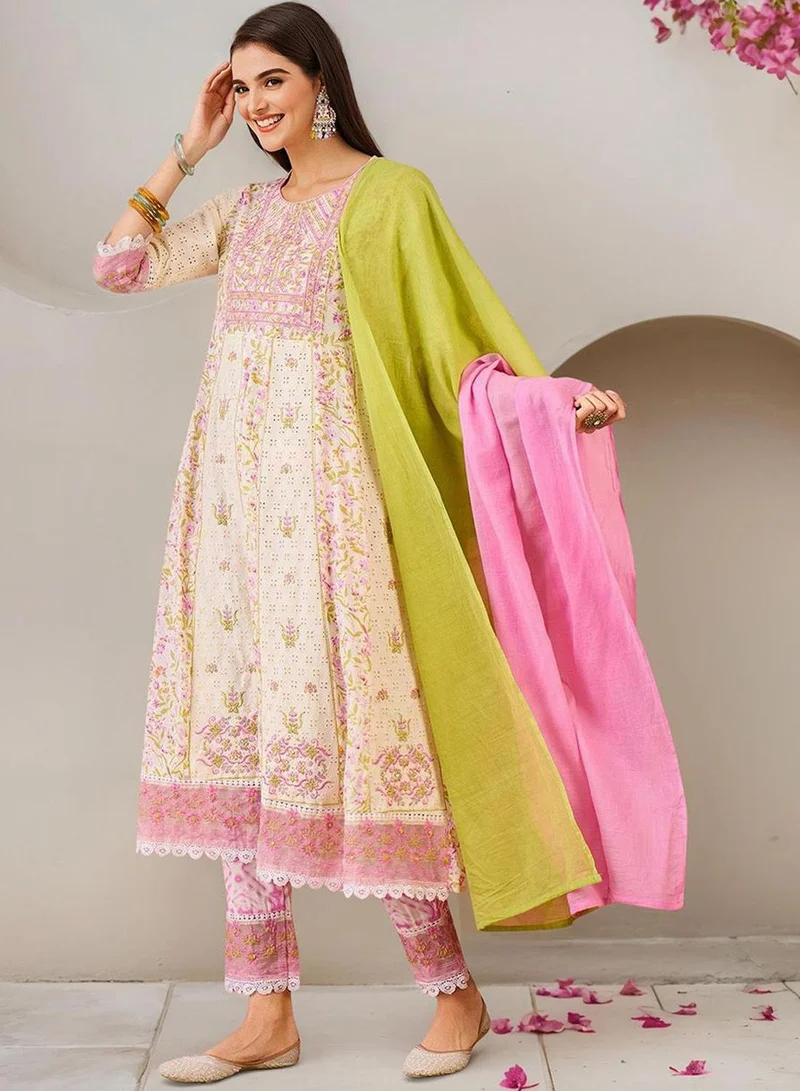 ISHIN Women's Off White 100% Cotton Embellished Tunic Full Length Casual Straight Fit Kurta Set