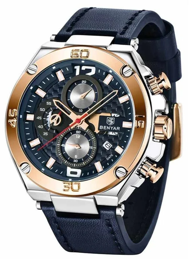 Benyar BENYAR Mens Watches Chronograph Date Waterproof Sports Watches Leather Strap Business Wrist Watches