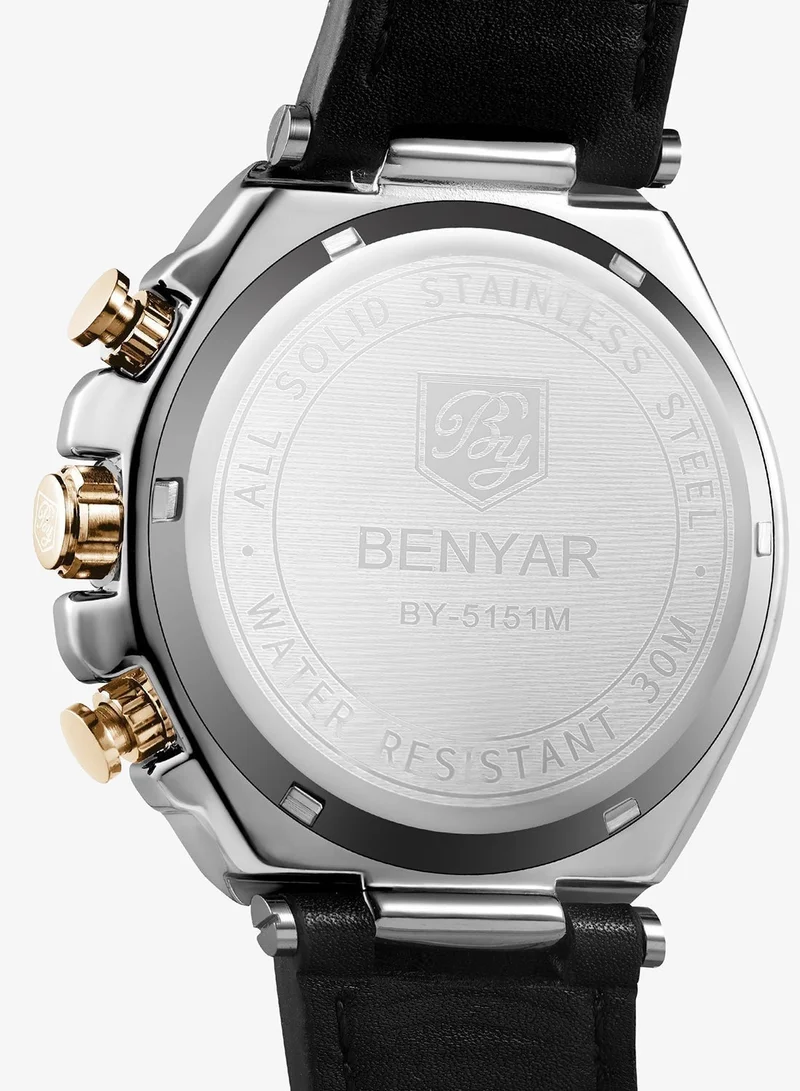 Benyar BENYAR Mens Watches Chronograph Date Waterproof Sports Watches Leather Strap Business Wrist Watches