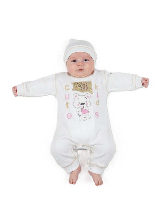 Egyptian Cotton 2 Piece White Jumpsuit and Ice Cap with Snaps, Embroidery Colors, Suitable for Newborn - Image 2