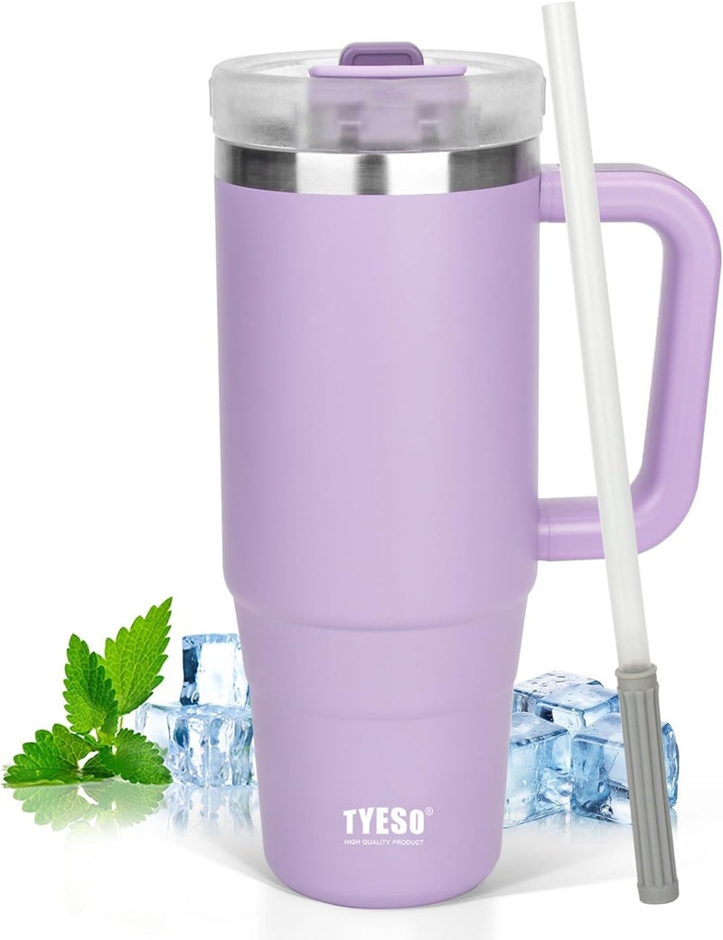 TYESO 40 oz Tumbler with Handle Insulated Cup Reusable Stainless Steel Water Bottle Travel Mug Cupholder Friendly Gifts for Women Him Her Trek Collection Purple