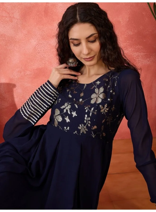 AKS Navy Blue Embroidered Flared Maxi