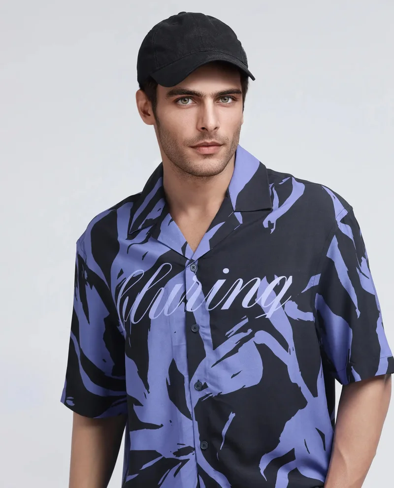 Rare Rabbit Rare Rabbit Men Rinz Black Viscose Fabric Half Sleeve Cuban Collar Button Closure Oversized Fit Abstract Print Shirt