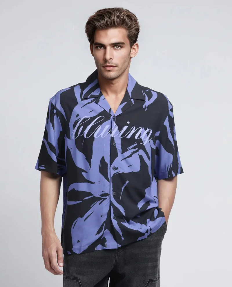 Rare Rabbit Rare Rabbit Men Rinz Black Viscose Fabric Half Sleeve Cuban Collar Button Closure Oversized Fit Abstract Print Shirt