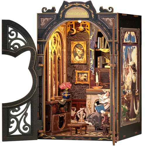 Cutefun Book Nook Kit DIY Miniature Dollhouse Kit for Adults Teens and Beginners Tiny House Bookshelf Decor 3D Wooden Puzzles Best Birthday and Valentines Day Gifts Count Cats Study - Image 1