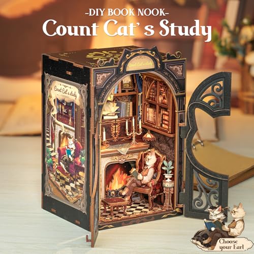 Cutefun Book Nook Kit DIY Miniature Dollhouse Kit for Adults Teens and Beginners Tiny House Bookshelf Decor 3D Wooden Puzzles Best Birthday and Valentines Day Gifts Count Cats Study - Image 5