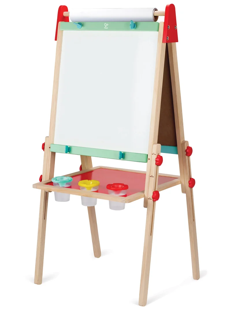 Hape Hape All-in-1 Wooden Kids Art Easel, Double-Sided Magnetic Whiteboard & Chalkboard with Paper Roll, 3 Paint Pots & Adjustable Height, Drawing & Painting Activity Toy, Ages 3+