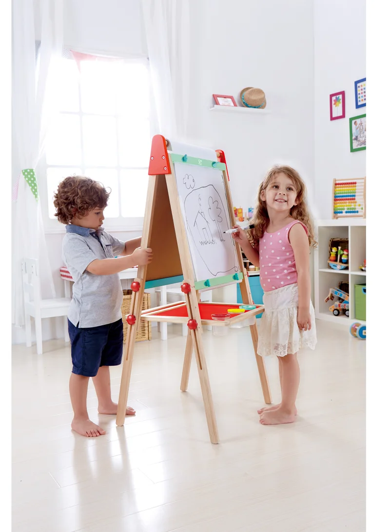 Hape Hape All-in-1 Wooden Kids Art Easel, Double-Sided Magnetic Whiteboard & Chalkboard with Paper Roll, 3 Paint Pots & Adjustable Height, Drawing & Painting Activity Toy, Ages 3+