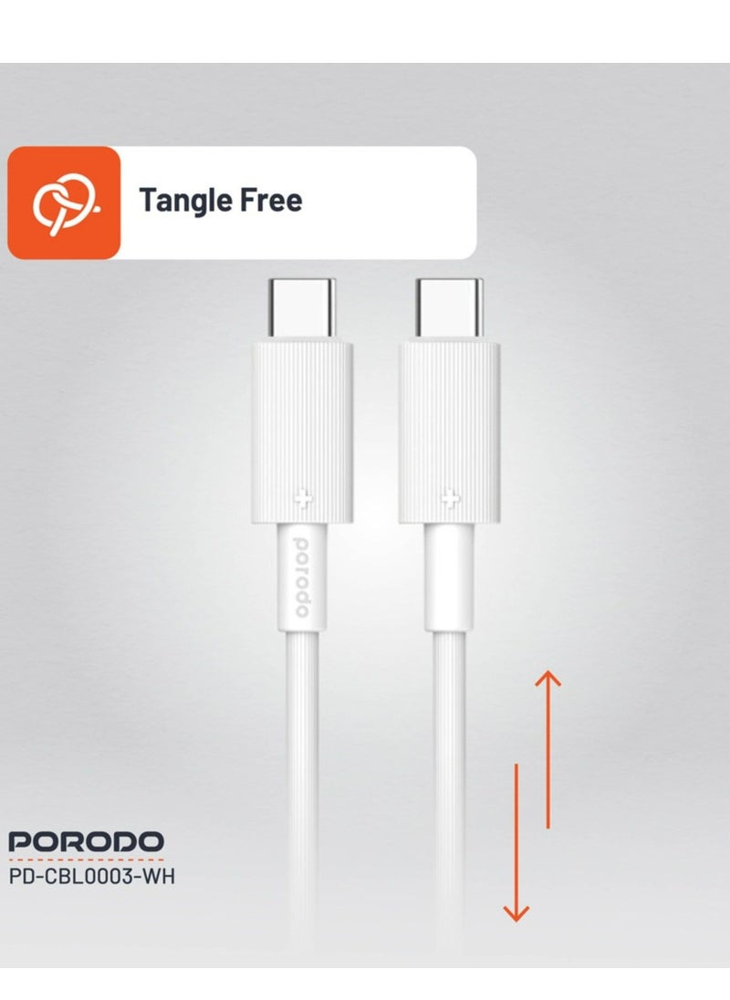 porodo USB-C to USB-C PVC Cable, 480Mbps Transfer Speed, 60W Power Delivery, more than 15000 Bends Life Span, 1.2m Cable Length, Tangle Free - White  - Image 5
