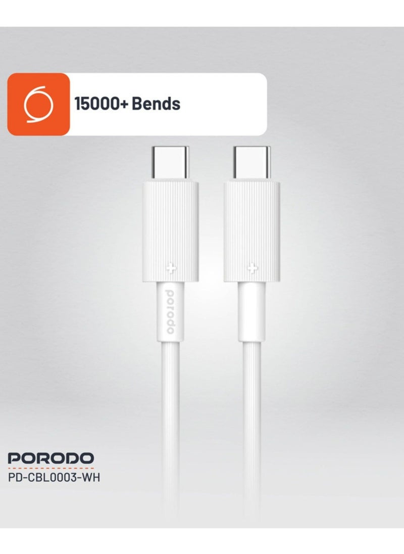 porodo USB-C to USB-C PVC Cable, 480Mbps Transfer Speed, 60W Power Delivery, more than 15000 Bends Life Span, 1.2m Cable Length, Tangle Free - White  - Image 4