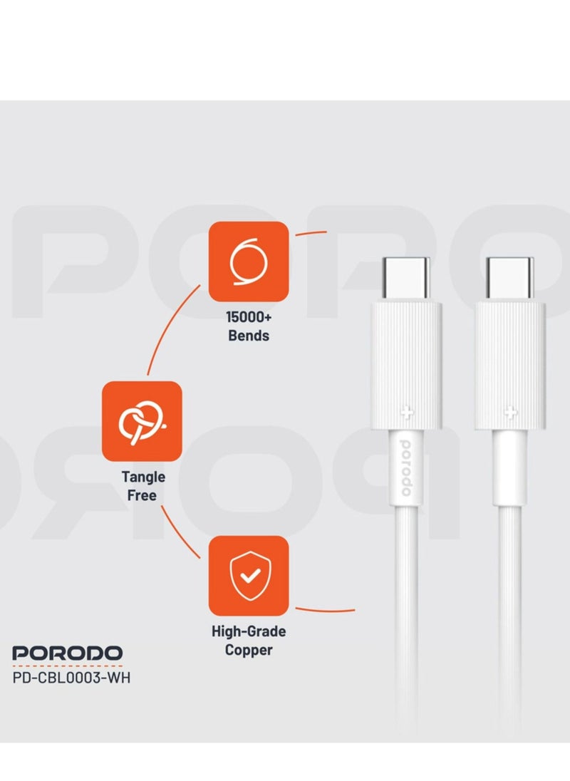 porodo USB-C to USB-C PVC Cable, 480Mbps Transfer Speed, 60W Power Delivery, more than 15000 Bends Life Span, 1.2m Cable Length, Tangle Free - White  - Image 3