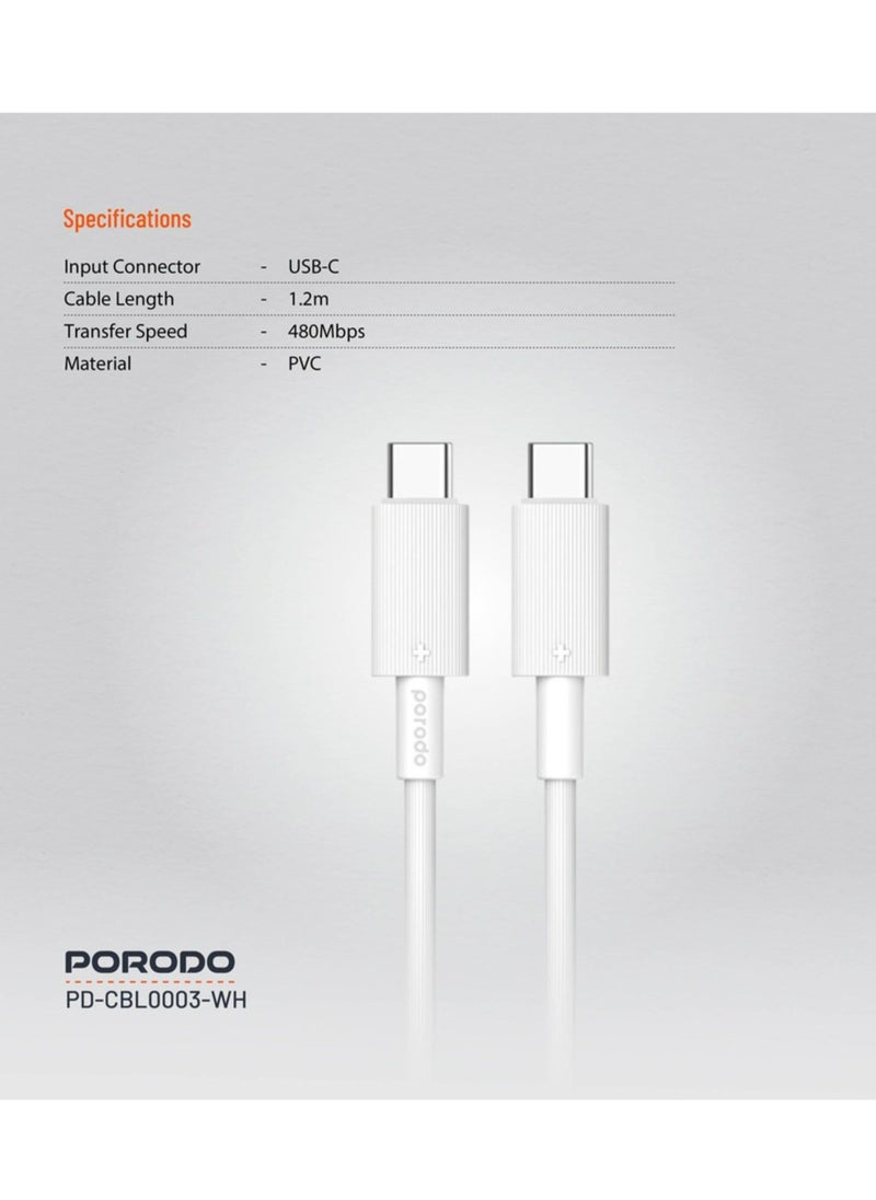 porodo USB-C to USB-C PVC Cable, 480Mbps Transfer Speed, 60W Power Delivery, more than 15000 Bends Life Span, 1.2m Cable Length, Tangle Free - White  - Image 2