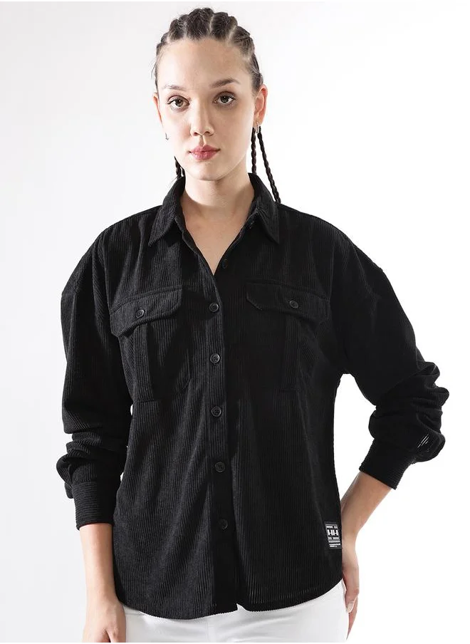 هوبرهولمي Women's Black 100% Polyester Self Design Button Down Relaxed Shirt
