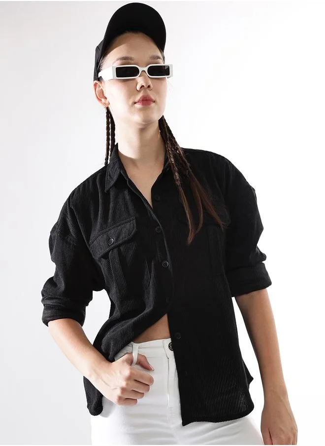 هوبرهولمي Women's Black 100% Polyester Self Design Button Down Relaxed Shirt