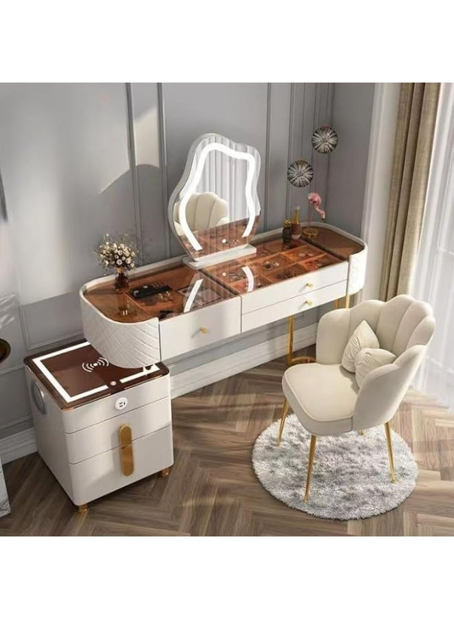 أيه دابليو دي طاولة تزيين ذكية، طاولة مكياج متطورة من الخشب الصلب، طقم تسريحة مع طاولة جانبية، تصميم مرآة على شكل سحابة، مقعد مبطن و5 أدراج، مزودة بتقنية البلوتوث والشحن اللاسلكي. - Image 1