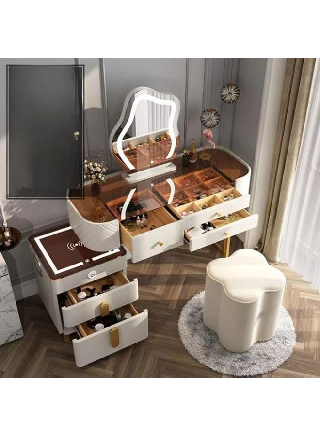 أيه دابليو دي طاولة تزيين ذكية، طاولة مكياج متطورة من الخشب الصلب، طقم تسريحة مع طاولة جانبية، تصميم مرآة على شكل سحابة، مقعد مبطن و5 أدراج، مزودة بتقنية البلوتوث والشحن اللاسلكي. - Image 2