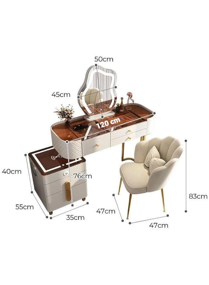 أيه دابليو دي طاولة تزيين ذكية، طاولة مكياج متطورة من الخشب الصلب، طقم تسريحة مع طاولة جانبية، تصميم مرآة على شكل سحابة، مقعد مبطن و5 أدراج، مزودة بتقنية البلوتوث والشحن اللاسلكي. - Image 3