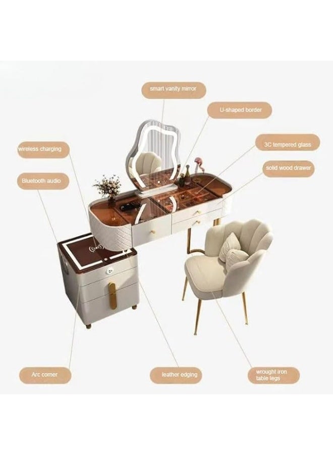 أيه دابليو دي طاولة تزيين ذكية، طاولة مكياج متطورة من الخشب الصلب، طقم تسريحة مع طاولة جانبية، تصميم مرآة على شكل سحابة، مقعد مبطن و5 أدراج، مزودة بتقنية البلوتوث والشحن اللاسلكي. - Image 4