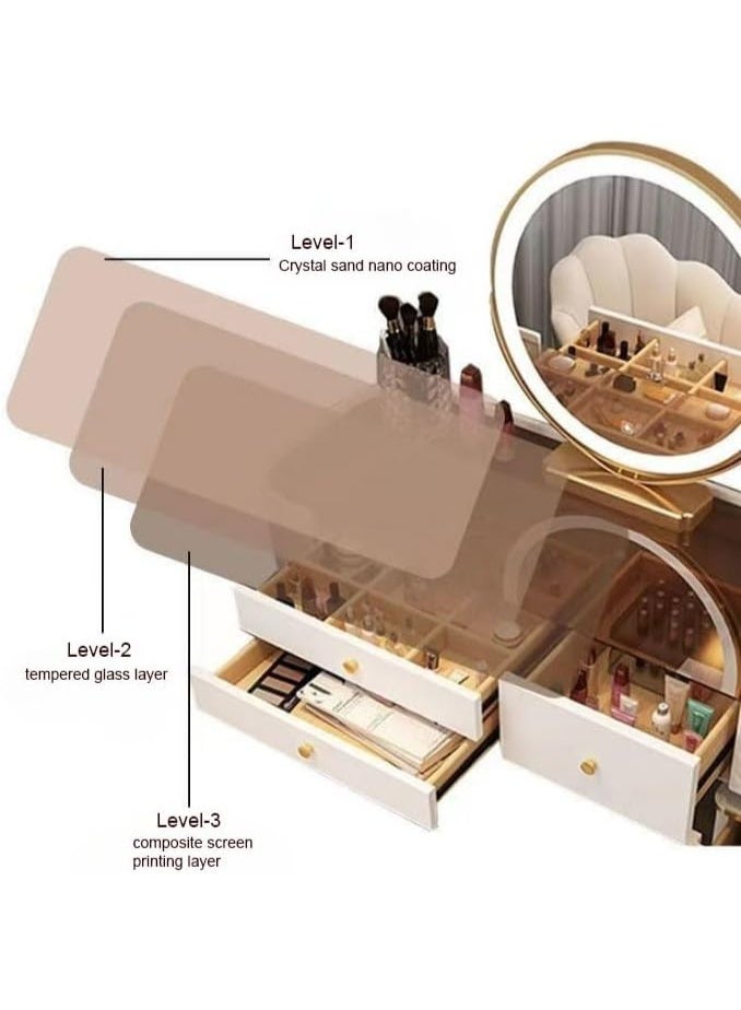 أيه دابليو دي طاولة تزيين ذكية، طاولة مكياج متطورة من الخشب الصلب، طقم تسريحة مع طاولة جانبية، تصميم مرآة على شكل سحابة، مقعد مبطن و5 أدراج، مزودة بتقنية البلوتوث والشحن اللاسلكي. - Image 5