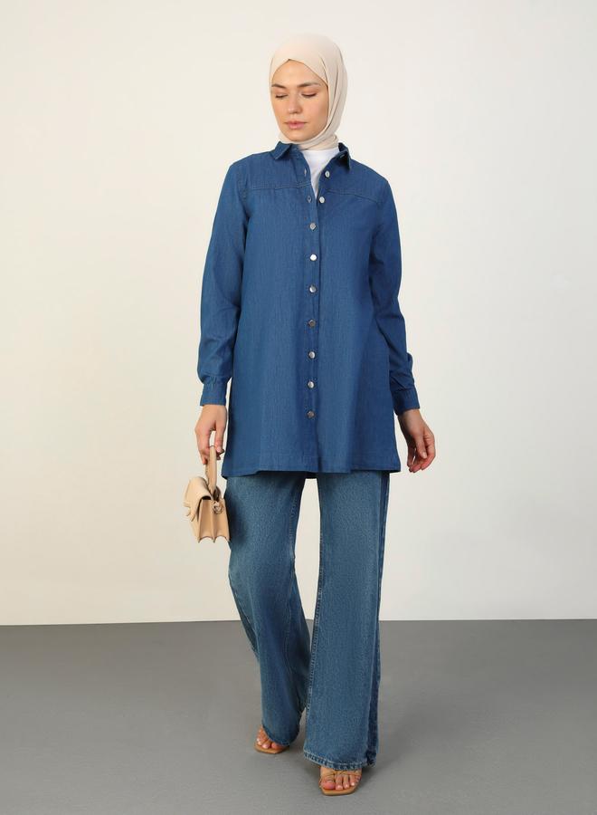 رفقة من مودانيسا تونيك أزرق دينم بأزرار وياقة عريضة - Image 2