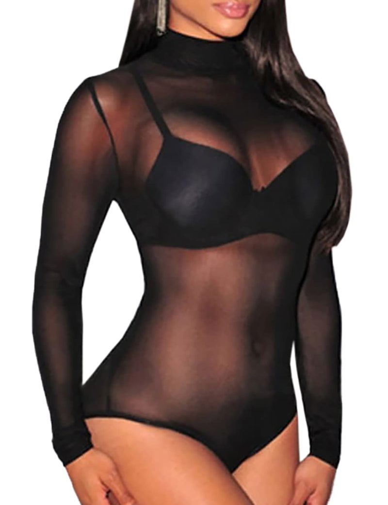 Lrady Eiffel Women's Sheer Mesh See Through High Neck Leotard Bodysuit Jumpsuit Romper Tops Black (XL) - Image 5