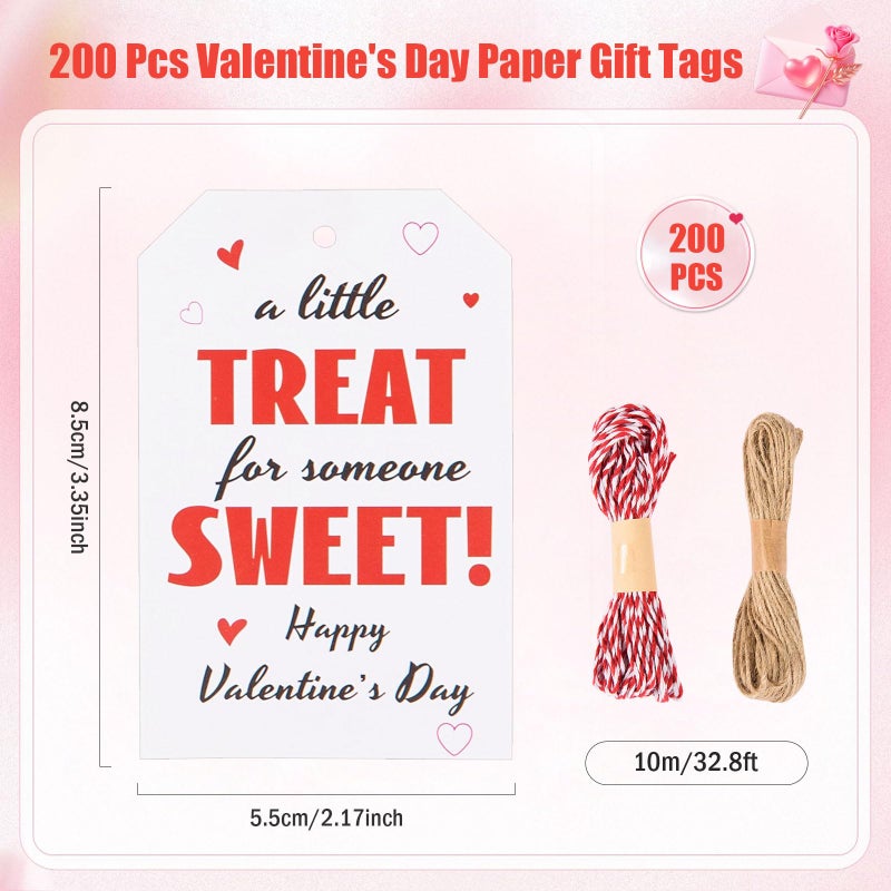MoDooris 200 Pack Valentineâ€™s Day Gift Tags Valentine Treat Sweet Paper Hanging Tags with Red White String & Jute Twine, Heart Gift Wrapping Supplies for Party Favors, Treat Bags, Gifts - Image 2