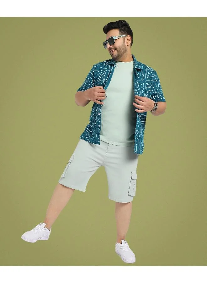 Instafab Plus Men's Teal Blue Abstract Lines Print Shirt For Casual Wear | Spread Collar | Short Sleeve | Button Closure | Cotton Double Cloth Shirt Crafted With Comfort Fit For Everyday Wear