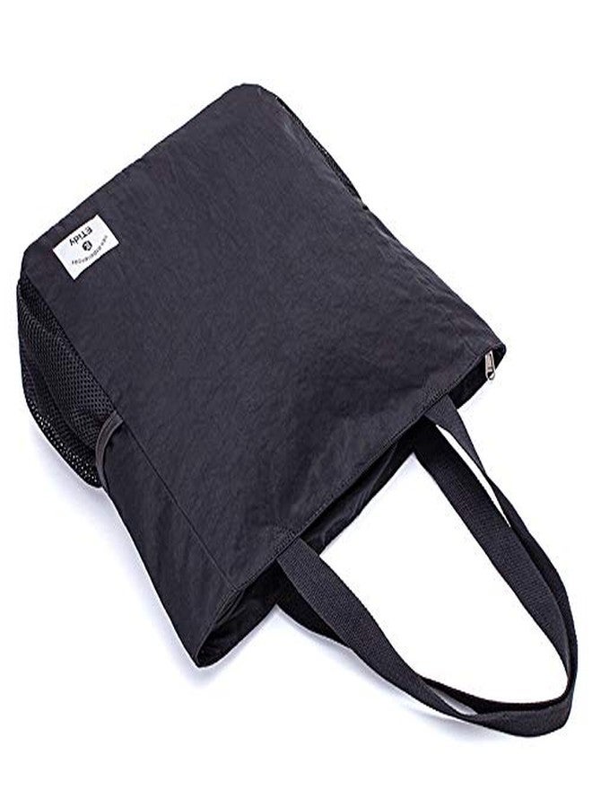 ETidy Large Capacity Foldable Tote Bag With Zipper Water-resistant Sandproof Women Beach Bag Handbag Gym Bag Travel Shopping Bag(Black #) - Image 5