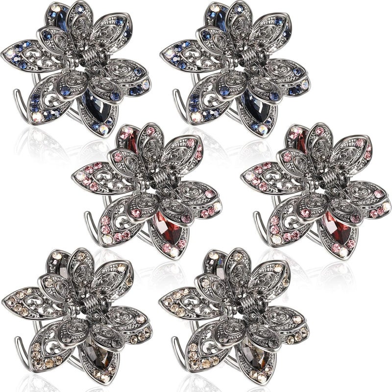 6 Pieces Metal Crystal Rhinestone Hair Claw Nonslip Clips Exquisite Flower Barrette Vintage Metal Rhinestone Hair Clips Hair Clamp Accessories for Women 3 Colors