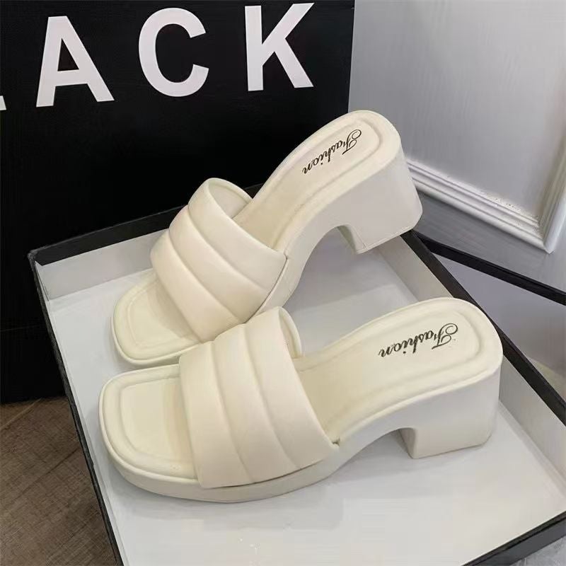 2024 Summer New Cyber Celebrous High Heels Thick Heel Waterproof Platform Wedge Thick Bottom Slide Slide Outer Wear Fashion Women Black [pleats] - Image 3