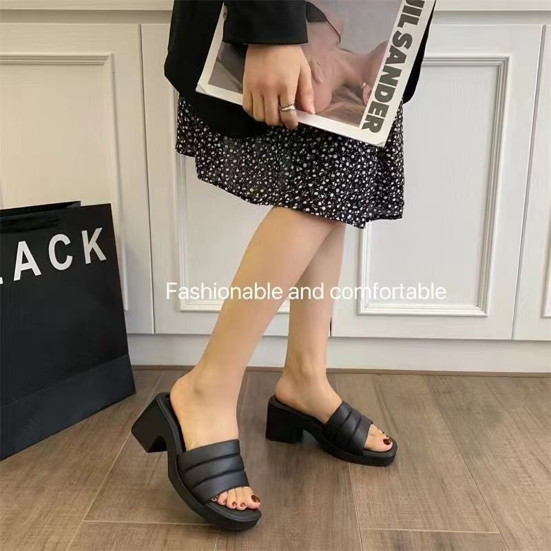 2024 Summer New Cyber Celebrous High Heels Thick Heel Waterproof Platform Wedge Thick Bottom Slide Slide Outer Wear Fashion Women Black [pleats] - Image 4
