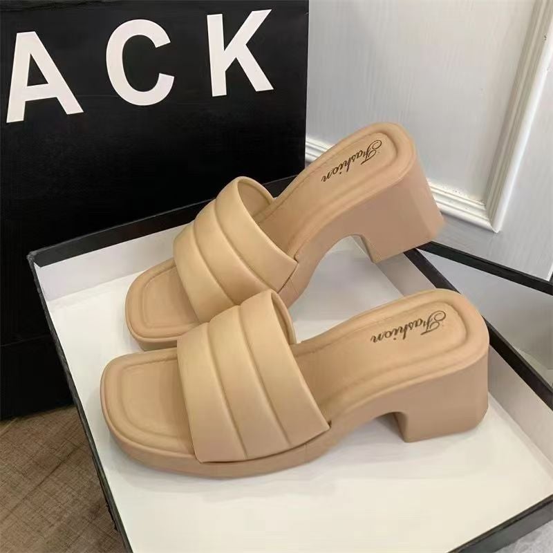 2024 Summer New Cyber Celebrous High Heels Thick Heel Waterproof Platform Wedge Thick Bottom Slide Slide Outer Wear Fashion Women Black [pleats] - Image 2