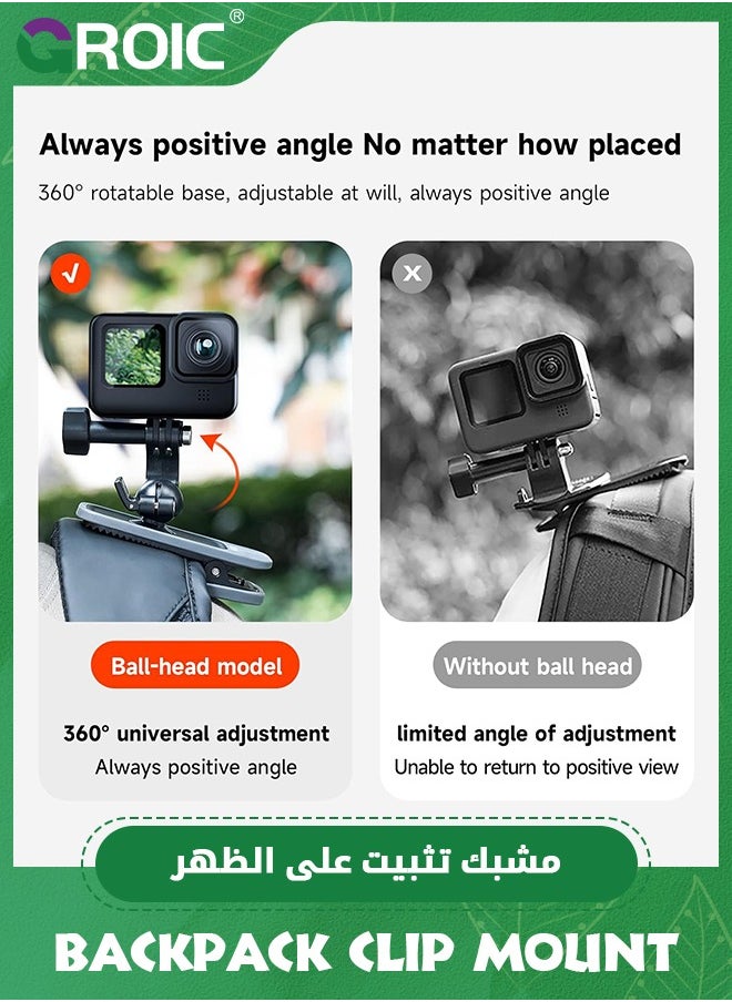GROIC - Backpack Clip Mount with 360 Ball Joint, Bag Belt Shoulder Strap Holder Attach Body Accessories for GoPro Max Hero 12 11 10 9 8 7 6 5, Insta360 X3 Go3 Ace Pro, DJI Action 4 Osmo Pocket 3 AKASO - Image 1