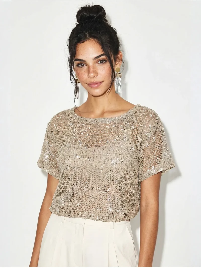 بيانكو لوتشي LUCCI Sequin Crew Neck Short Sleeve Blouse