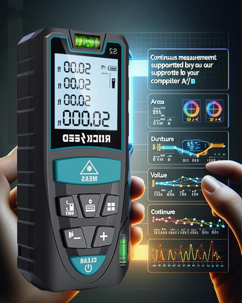 ALLESM Laser Meter,50M/165ft Digital Laser Distance Meter with 2 Bubble Levels,M/In/Ft Unit switching Backlit LCD and Pythagorean Mode, Measure Distance, Area and Volume - Image 2