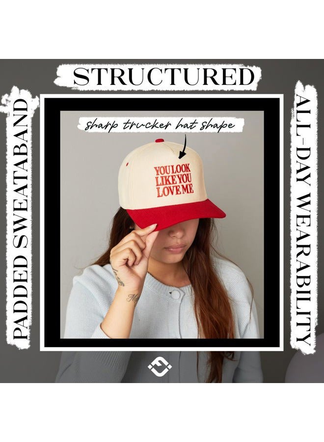 Funky Junque Two Tone Vintage Trucker Hats Men Women Corduroy Trendy Embroidered Baseball Cap Snapback Funny Gifts, You Look Like You Love Me - Red/Beige, One size - Image 5