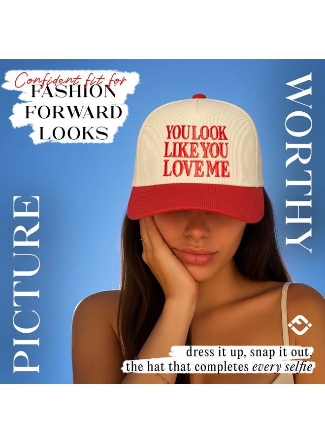 Funky Junque Two Tone Vintage Trucker Hats Men Women Corduroy Trendy Embroidered Baseball Cap Snapback Funny Gifts, You Look Like You Love Me - Red/Beige, One size - Image 4