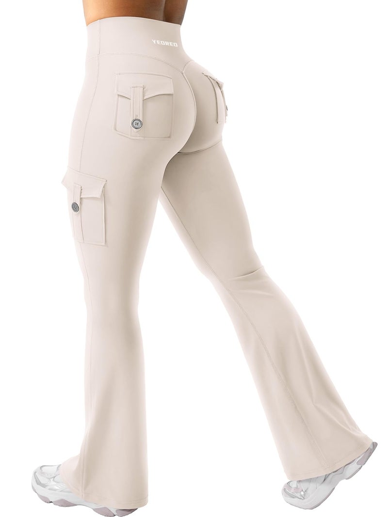 YEOREO CoreFlex Women Workout Flare Leggings with Pockets Hidden Scrunch High Waisted Cargo Gym Yoga Leggings Light Khaki L - Image 1