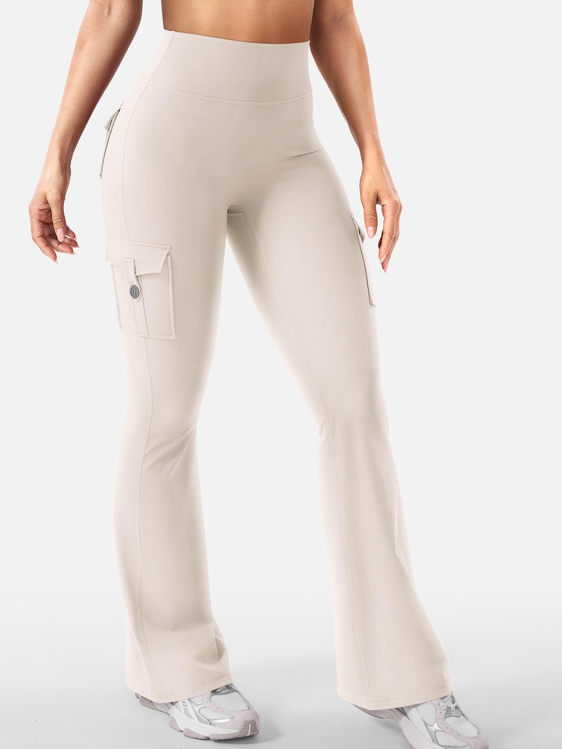 YEOREO CoreFlex Women Workout Flare Leggings with Pockets Hidden Scrunch High Waisted Cargo Gym Yoga Leggings Light Khaki L - Image 4