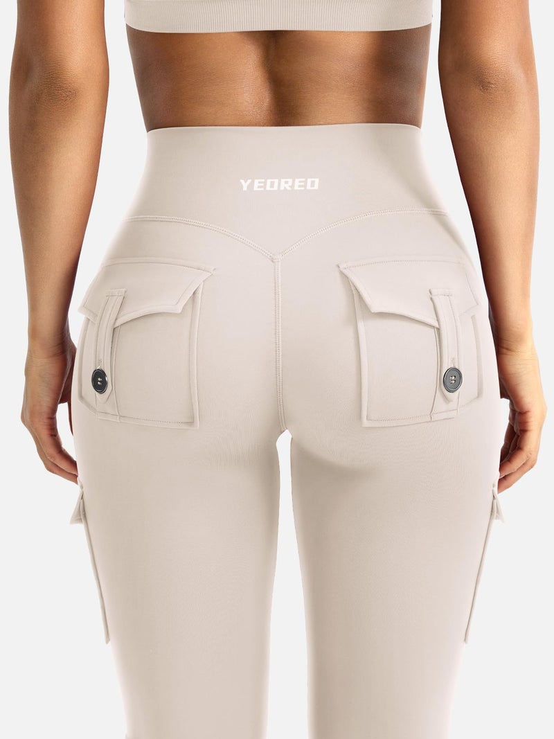YEOREO CoreFlex Women Workout Flare Leggings with Pockets Hidden Scrunch High Waisted Cargo Gym Yoga Leggings Light Khaki L - Image 3