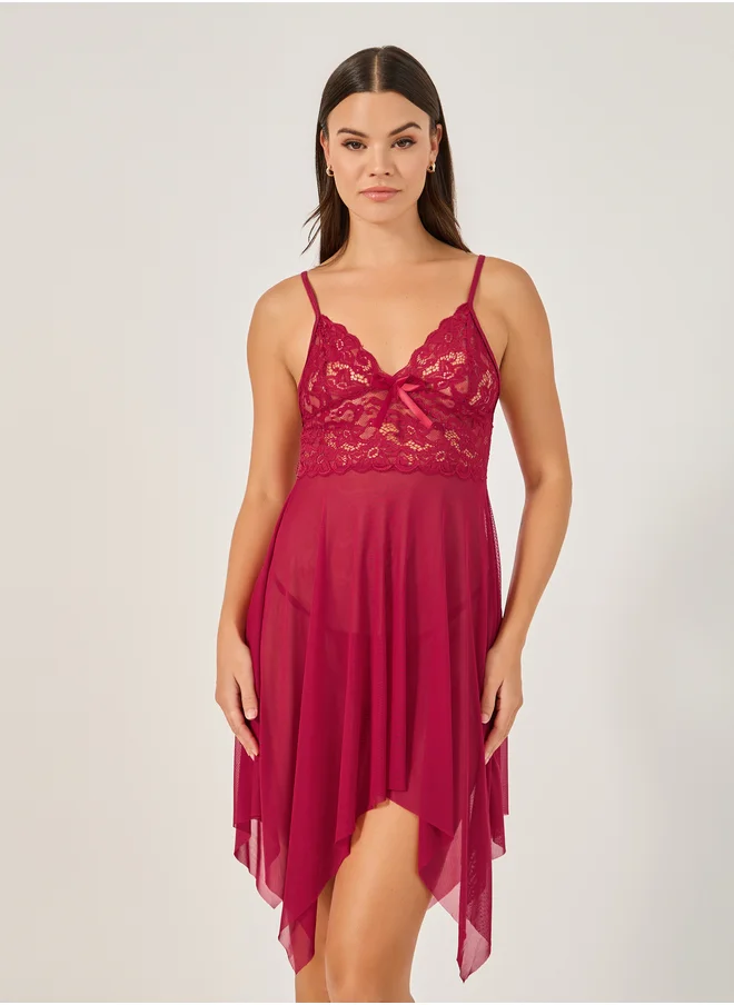 ستايلي Styli Lace Asymmetric Hem Babydoll with Briefs