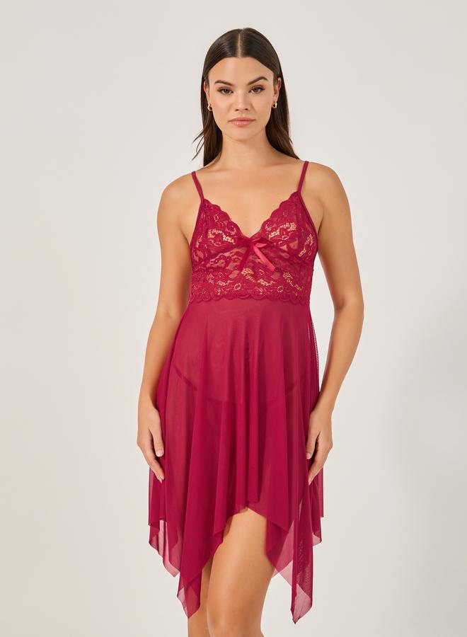Styli Styli Lace Asymmetric Hem Babydoll with Briefs  - Image 2