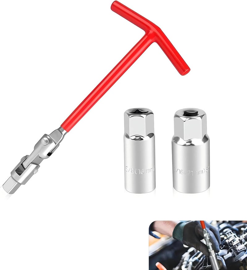 Downhill 3 PCS T-shaped Spark Plug Socket Wrench, Universal Joint Spark Plug Socket Set, 360-degree Rotating Spark Plug Removal Tool, Universal for Cars and Motorcycles (Multicolored) - Image 1